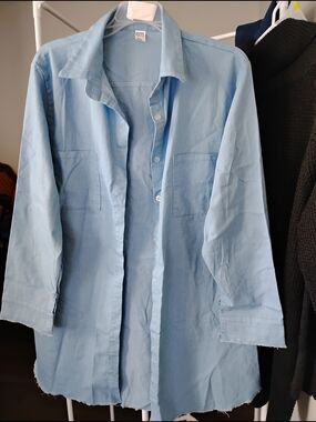 Light Blue Women Button Down Shirt Dress Collared Long Sleeve With Front Pockets